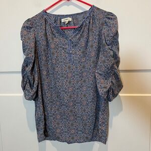 Max Studio Women's Blue‎ Floral Print Puff Sleeve Split Neck Blouse Top Size S